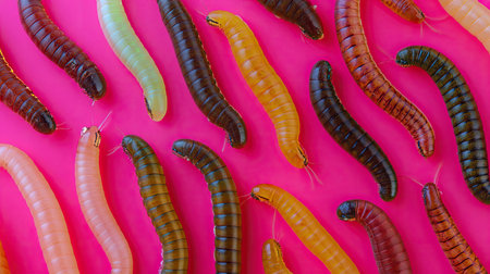 A vibrant display of various caterpillars on a pink background showcases the enchanting diversity of these remarkable insects found in nature.の素材