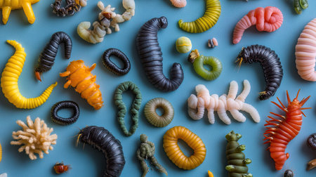 A vibrant collection of insect larvae and caterpillars in various colors and shapes, ideal for educational and scientific purposes.の素材