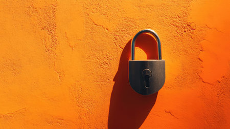 This close-up image features a metal padlock on a vibrant orange wall, casting a striking shadow. The texture and color emphasize themes of security and modern design.の素材