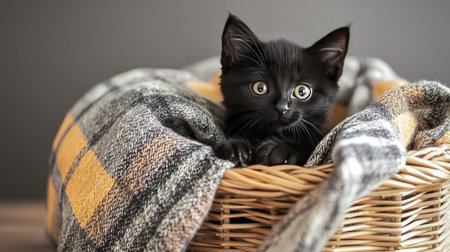 A charming black kitten with big, expressive eyes rests comfortably in a woven basket, wrapped in a soft plaid blanket, radiating innocence and warmth.の素材