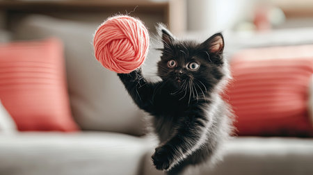 A charming black kitten leaps into the air, playfully swatting at a pink yarn ball in a cozy living room, showcasing its playful energy and curiosity.の素材