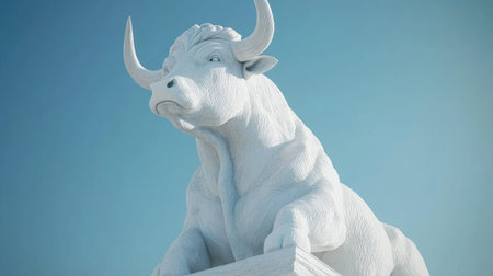 A stunning white bull sculpture captures the essence of strength and elegance, set against a serene blue sky, showcasing intricate details and artistry.の素材