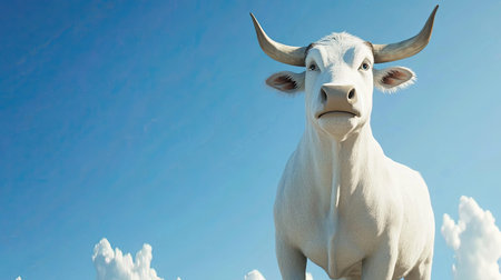 A striking white cow stands majestically against a backdrop of a bright blue sky filled with fluffy clouds, embodying tranquility and rural beauty.の素材