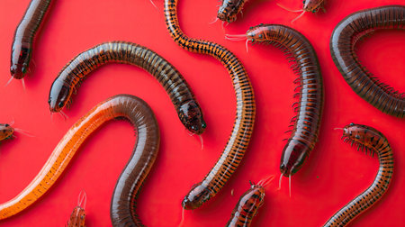 Explore the fascinating world of worms with this vibrant image highlighting various species against a striking red background, showcasing their colors and textures.の素材