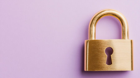 A sleek golden padlock rests against a soft purple background, embodying themes of security and protection in a modern, minimalistic design. Perfect for illustrating privacy concepts.の素材