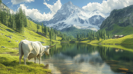 A breathtaking view of a white cow near a calm lake reflecting snow-capped mountains and a bright sky filled with fluffy clouds. Perfect for nature lovers.の素材