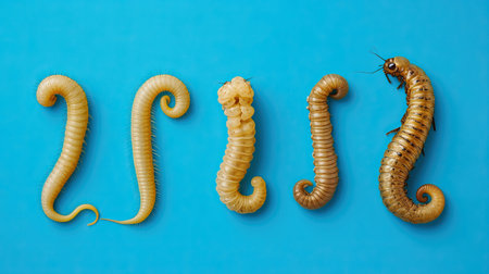 This image displays a detailed showcase of insect larvae in various growth stages, emphasizing their unique textures and forms against a vibrant background.の素材