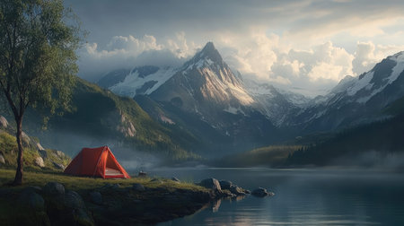 Enjoy a peaceful camping experience by a mist-covered lake, framed by towering mountains and lush greenery. Perfect for nature enthusiasts seeking tranquility.の素材