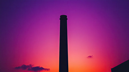 A striking silhouette of an industrial chimney rises against a vivid purple and orange sky during sunset, capturing the transition from day to night.の素材