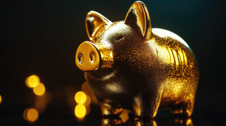 A stunning close-up of a golden piggy bank representing wealth and prosperity, set against a soft bokeh background that enhances its charm.の素材