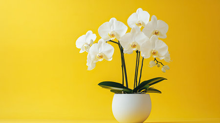 A stunning display of elegant white orchids in a modern pot, set against a vibrant yellow background, perfect for home decor projects or floral arrangements.の素材