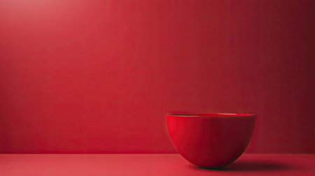 A striking red bowl sits on a matching minimalist surface, creating a bold and harmonious visual appeal. The simplicity enhances its vibrant color.の素材