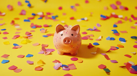 A cheerful piggy bank stands out in front of a bright yellow backdrop, surrounded by vibrant confetti, symbolizing fun and financial savings.の素材