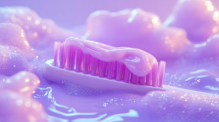 A captivating close-up of a toothbrush featuring colorful toothpaste resting atop a bubbly surface, creating a mesmerizing visual effect in soft purple hues.の素材