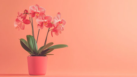 A stunning arrangement of pink orchids in a decorative pot stands against a soft coral backdrop, adding elegance and charm to any interior space.の素材