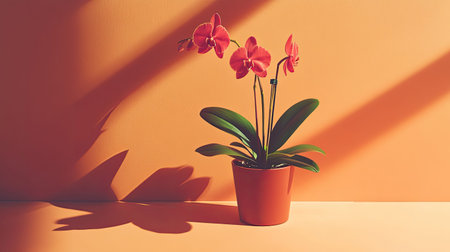 A stunning pink orchid in a terracotta pot, set against a warm orange backdrop, casts delicate shadows that enhance its beauty and elegance.の素材