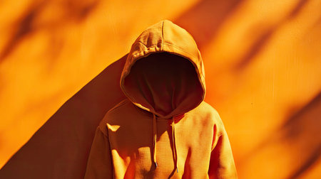 This striking image features a person wearing a hooded sweatshirt, set against a bright orange wall. The composition emphasizes anonymity and bold color.の素材