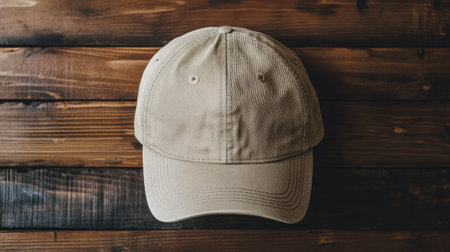 A close-up view of a beige cap resting on a rustic wooden surface, showcasing its textured fabric and simple design perfect for casual fashion or outdoor activities.の素材