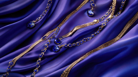 This stunning image features elegant gold necklaces adorned with blue gems, beautifully arranged on a rich purple satin fabric, perfect for luxury fashion displays.の素材