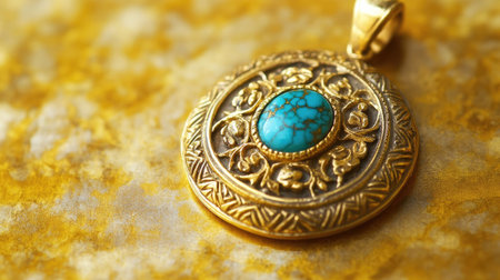 Delight in the beauty of this ornate vintage pendant featuring a vibrant turquoise stone set in intricate gold detailing, perfect for any jewelry lover.の素材