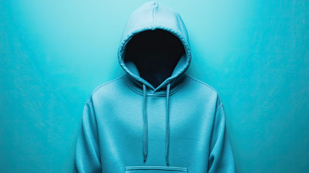 This image features a solitary blue hoodie against a vibrant turquoise background, embodying a minimalist fashion aesthetic ideal for trendy apparel concepts.の素材