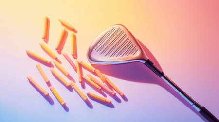 A stylish golf club lies beside an array of colorful foam darts on a gradient background, ideal for sports, creativity, and playful themes in photography.の素材