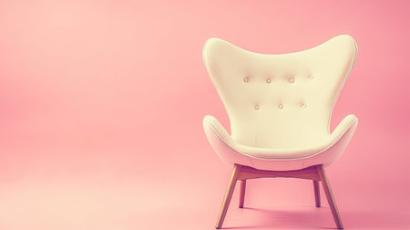 This image features an elegant white armchair with wooden legs, set against a soft pink background. Ideal for decorating, interior design inspiration, or showcasing contemporary furniture.の素材