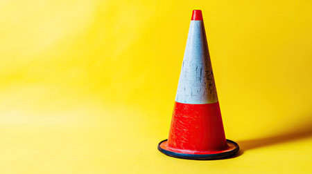 A single bright traffic cone stands against a bold yellow background, ideal for various design projects related to safety, construction, and urban environments.の素材