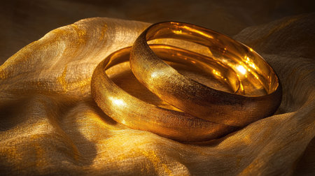 An artistic arrangement of elegant gold bangles resting on a soft golden fabric, showcasing intricate textures and a warm glow, perfect for fashion and jewelry themes.の素材