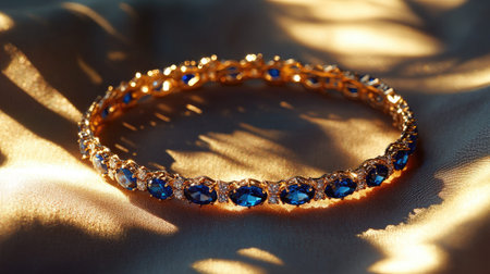 A stunning gold bracelet adorned with sparkling blue gemstones showcases luxury and elegance. This exquisite jewelry piece shines beautifully in natural light, creating a captivating display of colors and textures. Perfect for special occasions or everyday wear.の素材