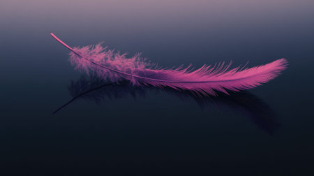A stunning pink feather gently rests on a smooth surface, showcasing soft texture and serene reflection, ideal for artistic, creative, or design projects.の素材