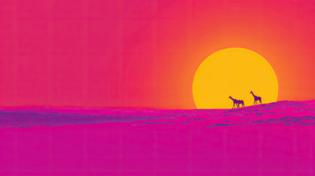 This stunning image captures two giraffes gracefully silhouetted against a vivid sunset, showcasing dramatic colors over the African horizon, a moment of natural beauty.の素材