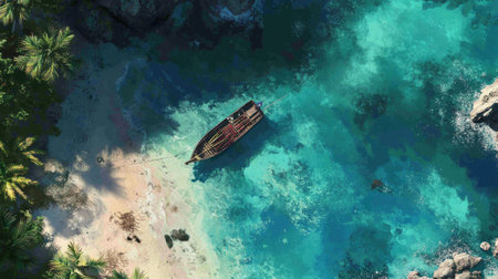 This stunning aerial photograph captures a serene tropical beach scene featuring a rustic fishing boat anchored in crystal clear turquoise water, surrounded by lush palm trees and rocky formations.の素材