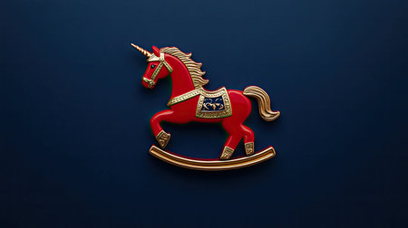 This vibrant decorative red unicorn rocking horse features intricate gold accents set against a rich blue background, evoking childhood dreams of magic and whimsy.の素材