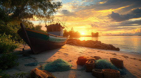 A stunning sunset casts vibrant hues over a fishing boat resting on a quiet beach, surrounded by fishing gear and rocky shorelines, evoking tranquility.の素材