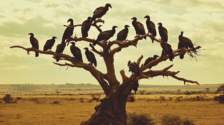 A striking scene of cormorants resting on a weathered tree against a dramatic sky captures the essence of wildlife in a tranquil African landscape.の素材