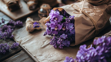A stunning arrangement of purple flowers beautifully wrapped in craft paper with twine, set on a rustic wooden surface, evoking a sense of natural elegance.の素材