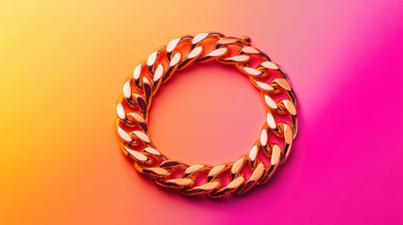 This elegant gold chain bracelet shines against a vibrant gradient background of warm orange and pink, highlighting its luxurious design and craftsmanship.の素材