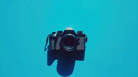 A striking vintage camera positioned on a vibrant blue background, expertly highlighting its intricate details and design. Ideal for photography themes.の素材