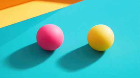 Two colorful balls, one pink and one yellow, sit against a vibrant turquoise background, casting soft shadows that enhance the playful and modern aesthetic.の素材