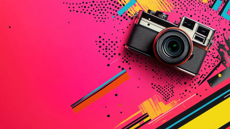 A vintage camera rests on a vibrant, abstract background filled with bold patterns and bright colors, creating a visually striking composition for photography.の素材