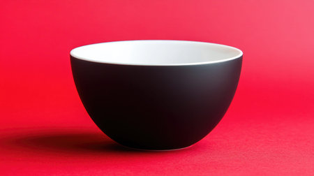 This image showcases an elegant black and white bowl set against a bright red backdrop, perfect for modern kitchen decor and minimalist table settings.の素材