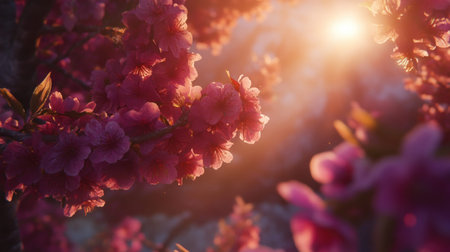 A stunning closeup of cherry blossoms bathed in warm sunlight, creating a serene atmosphere. The vibrant petals showcase natureの素材