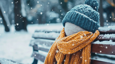 A cozy scene featuring a knitted hat and scarf draped over a bench, surrounded by gently falling snowflakes in a serene winter park setting.の素材