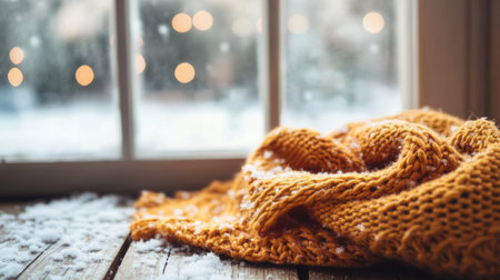 A serene winter setting featuring a soft, warm knit blanket draped on a wooden surface, snow gently falling outside the window, and soft lights creating a cozy ambiance.の素材