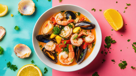 This vibrant seafood soup features shrimp, mussels, and shellfish, garnished with fresh herbs and lemon, beautifully presented in a colorful bowl.の素材