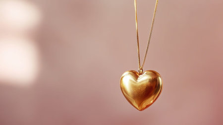 This stunning gold heart pendant necklace elegantly hangs on a delicate chain, set against a soft pink background, perfect for romantic moments.の素材