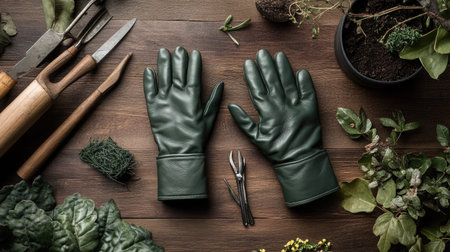 A composition showcasing green gardening gloves set on a wooden surface, surrounded by various gardening tools, plants, and soil, perfect for gardening enthusiasts.の素材