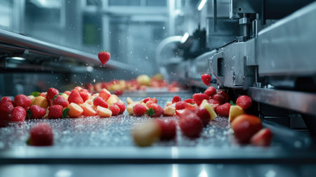 A dynamic scene showcasing freshly harvested strawberries and various fruits being sorted on a conveyor belt in a modern packing facility. The vibrant colors and fresh produce highlight the efficiency and innovation of the agricultural industry, emphasizing quality and freshness in food processing.の素材