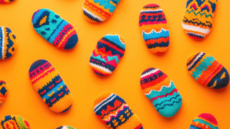 A vibrant arrangement of colorful knitted decorative items shown against an orange background, enhancing any craft project or home decor setting.の素材